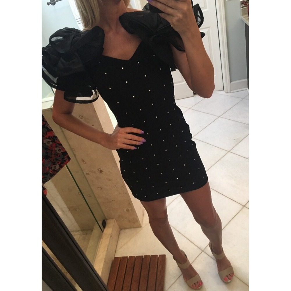 Vintage Lillie Rubin Black Crystal Embellished Ruffle Shoulder Mini Dress XS S